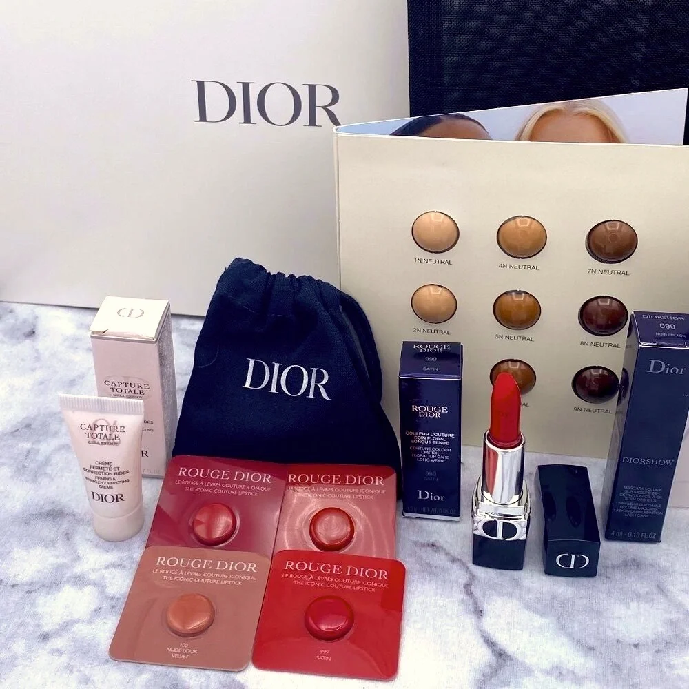 DIOR Beauty Gift Set-Black Pouch,Foundation,Mascara,Lipstick,Serum-8pc-BOXED-NEW